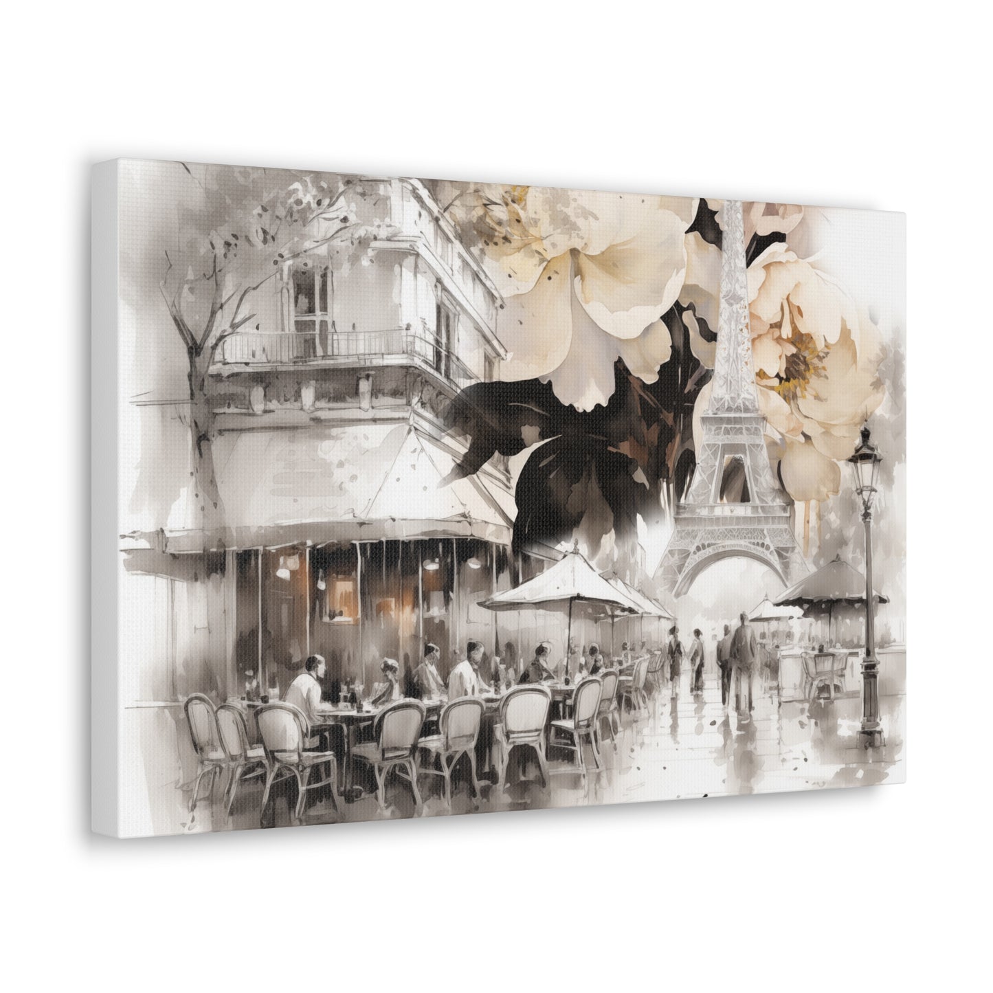 Cafe in Paris with Cream Peonies Canvas Gallery Wrap