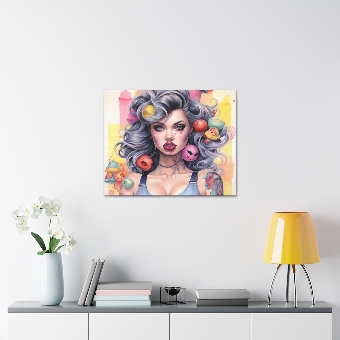 Gallery Wrapped Canvas, Tattooed Beauty, Femme Doll Pop Art Canvas – Lila