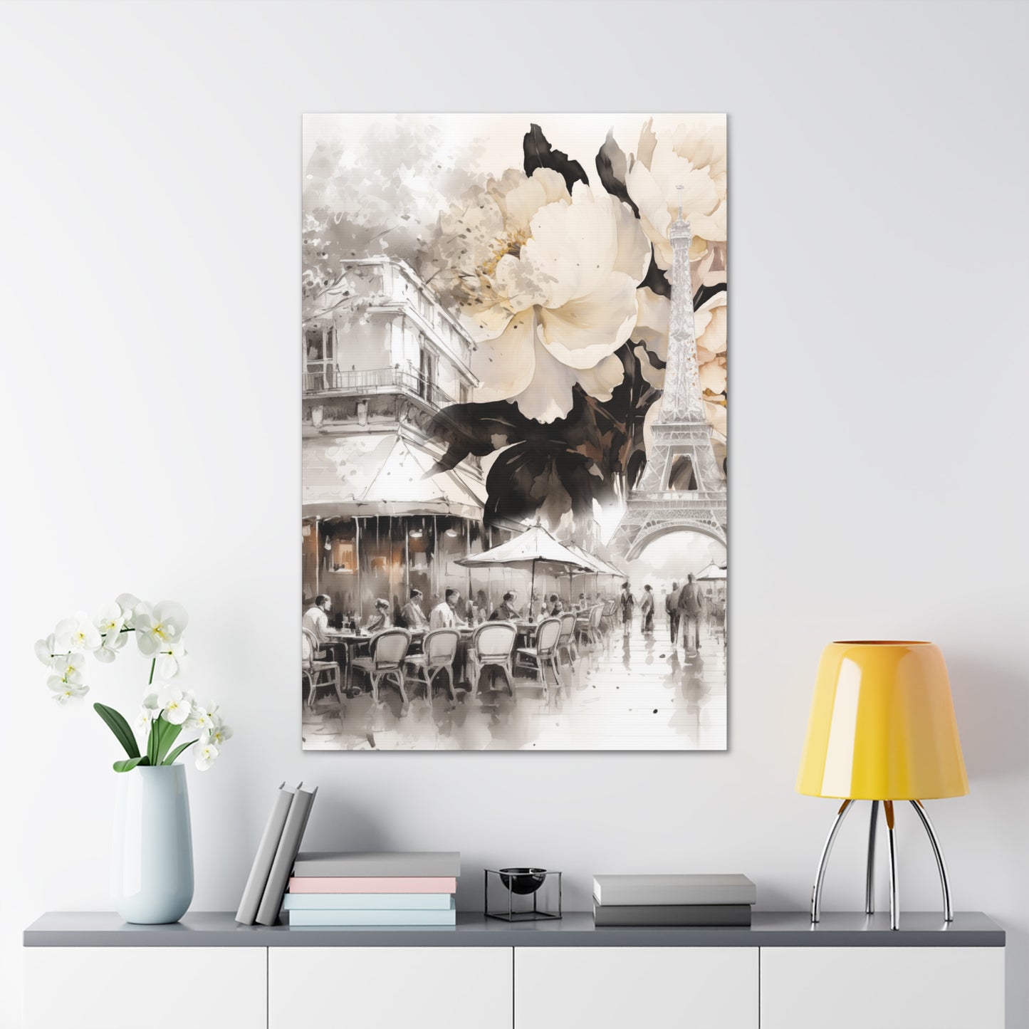 Cafe in Paris with Cream Peonies Canvas Gallery Wrap