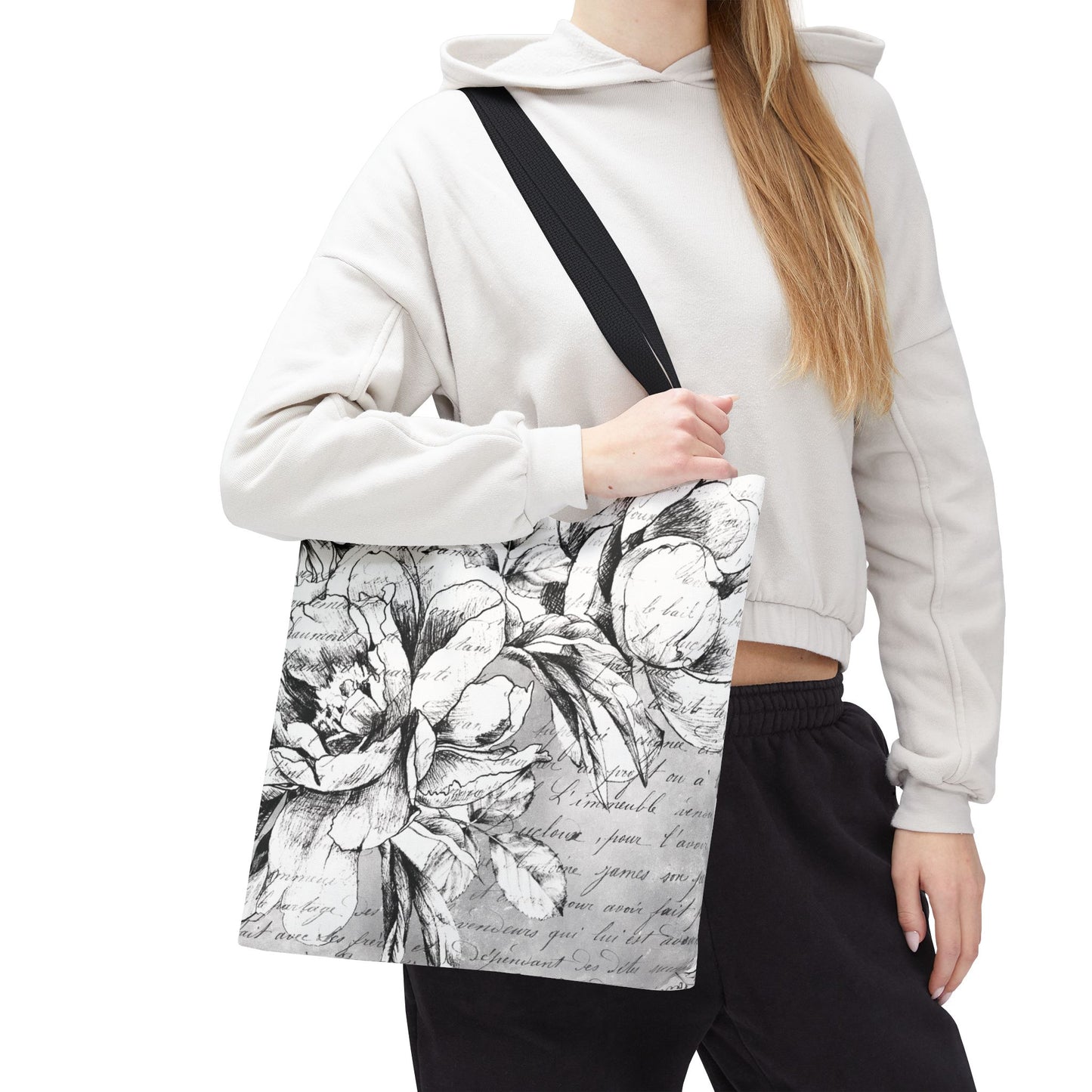 Peony Sketch Tote Bag, Utility Tote - Script Tote - Love Letters and Peonies