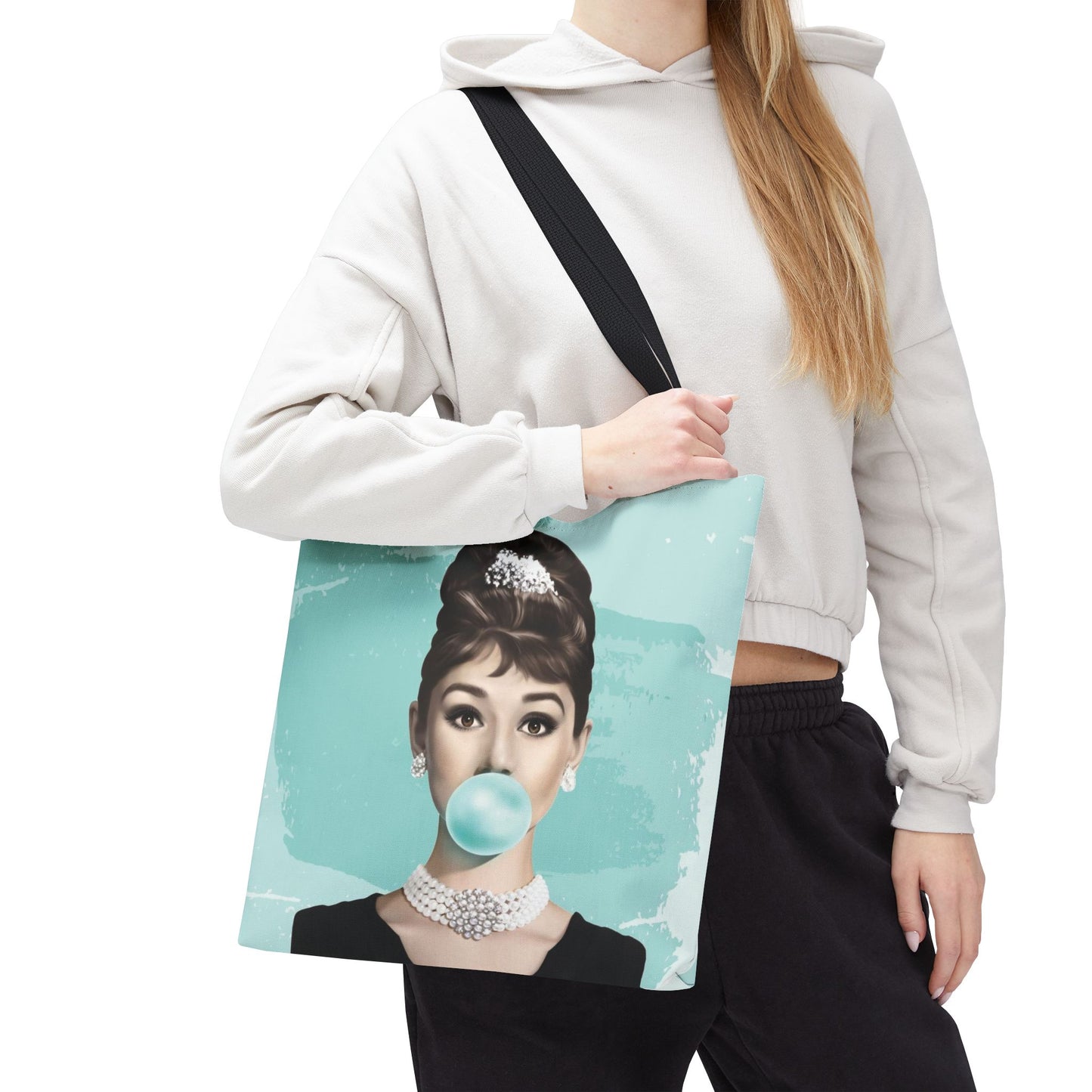 Audrey Hepburn Canvas Tote Bag, Basic Square Tote - Breakfast at Tiffany Inspired, Paris Blue Audrey Hepburn Bubblegum Tote