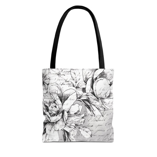 Peony Sketch Tote Bag, Utility Tote - Script Tote - Love Letters and Peonies