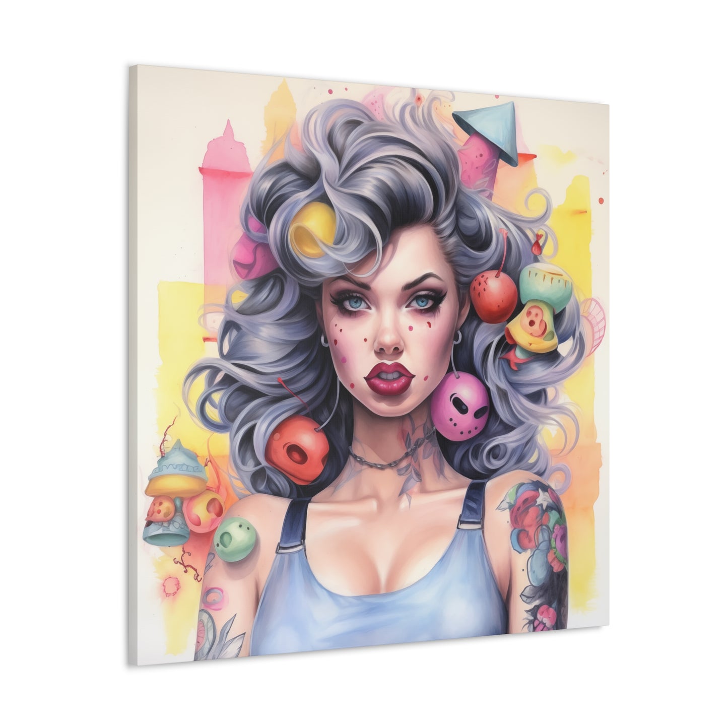 Gallery Wrapped Canvas, Tattooed Beauty, Femme Doll Pop Art Canvas – Lila