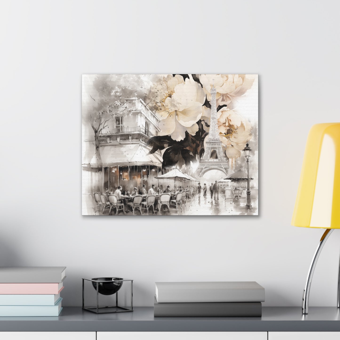 Cafe in Paris with Cream Peonies Canvas Gallery Wrap