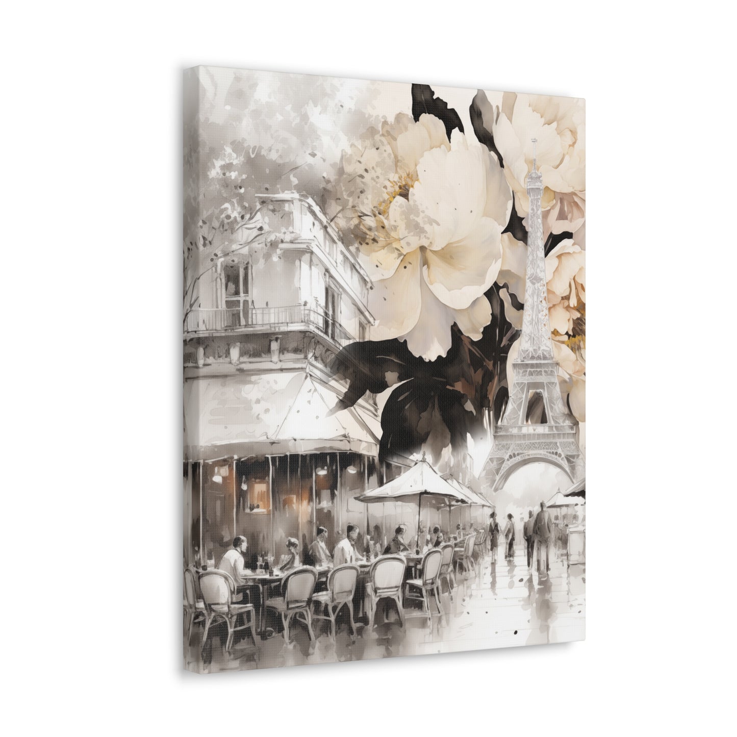 Cafe in Paris with Cream Peonies Canvas Gallery Wrap