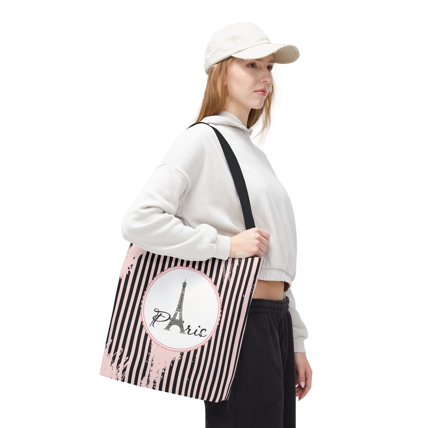 Paris Tote Bag, Utility Tote - Eiffel Tower Tote - Fashion Tote - Pink and Black Stripe