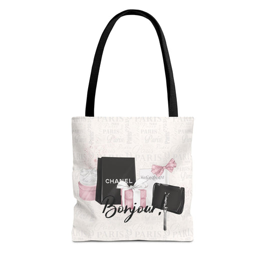 Bonjour Tote Bag, Utility Tote - Designer Inspired Tote - Shopping Fashion Tote - Parisian Pink