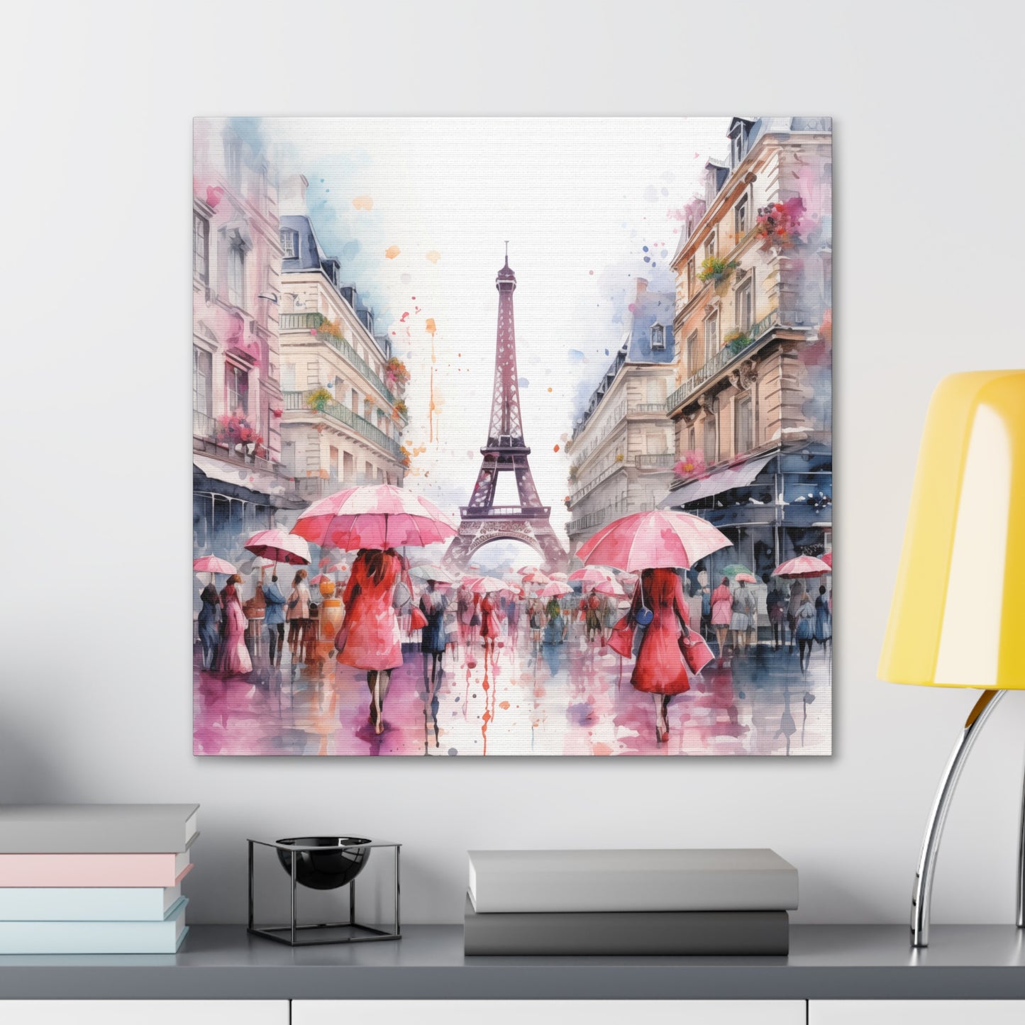 Eiffel Tower Wall Art, Paris France, Canvas Gallery Wrap - Pink Umbrellas