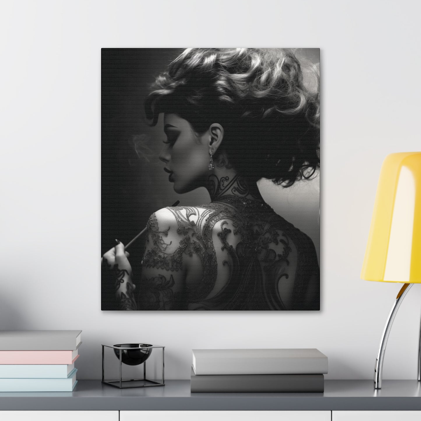 Canvas Gallery Wrap - Black and White Photography - Tattooed and Smoking