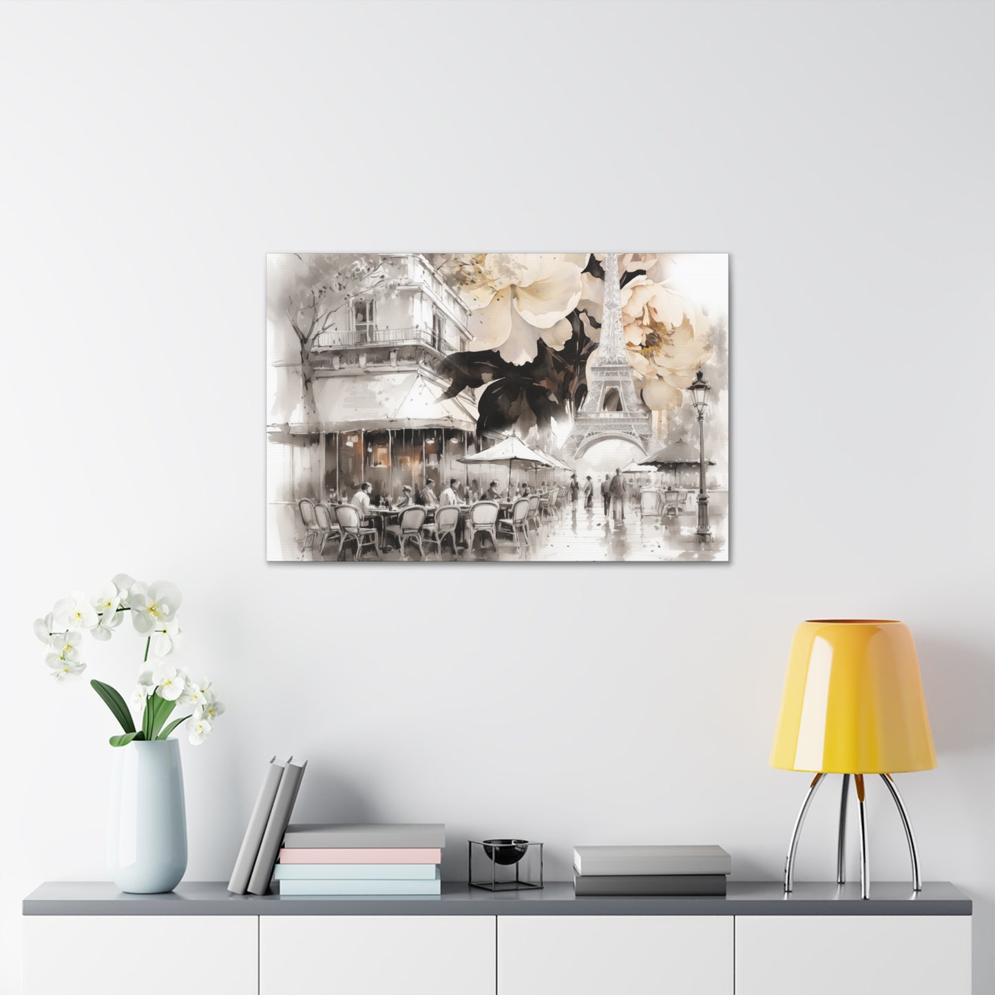Cafe in Paris with Cream Peonies Canvas Gallery Wrap
