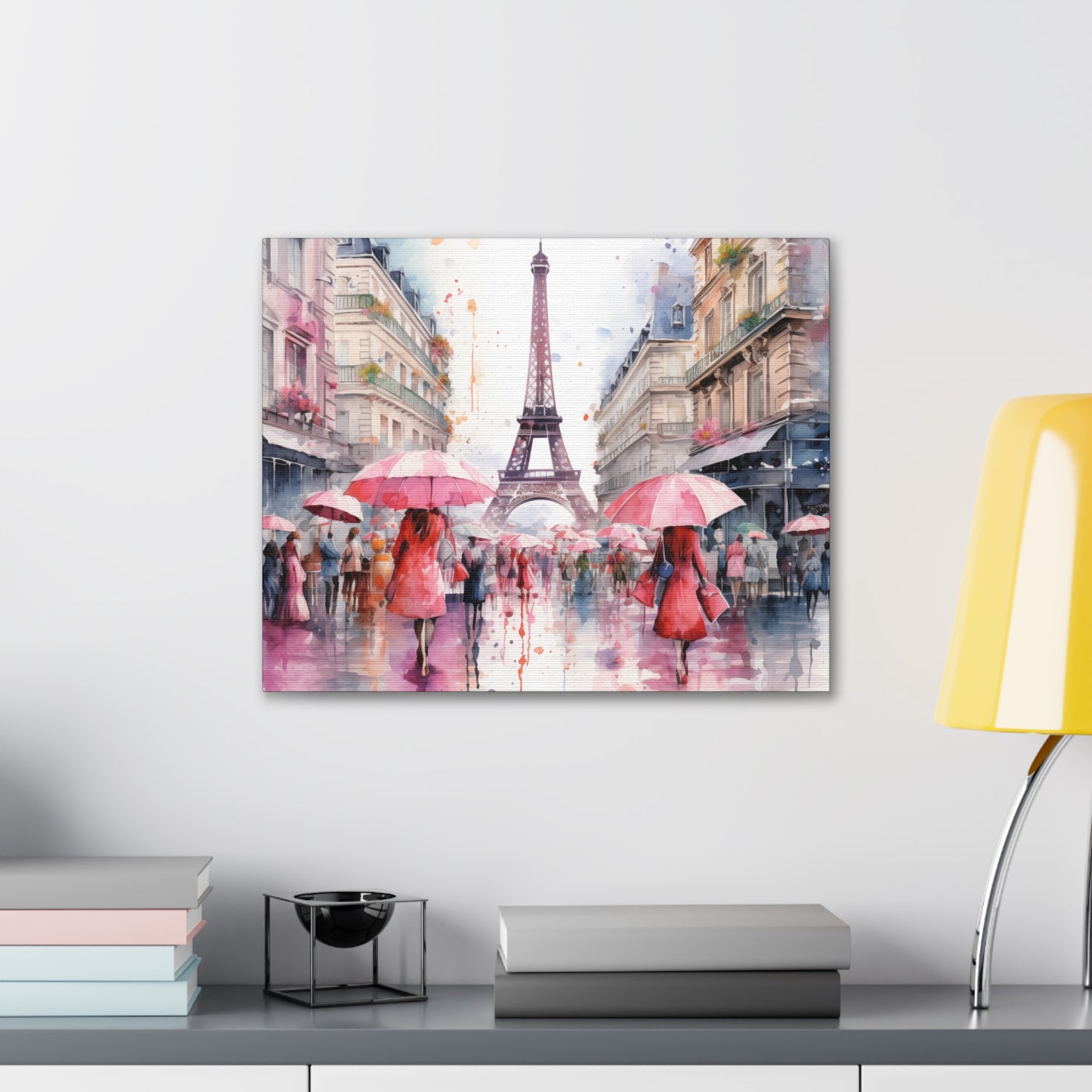 Eiffel Tower Wall Art, Paris France, Canvas Gallery Wrap - Pink Umbrellas