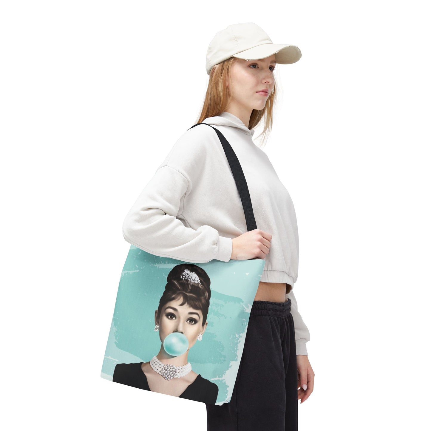 Audrey Hepburn Canvas Tote Bag, Basic Square Tote - Breakfast at Tiffany Inspired, Paris Blue Audrey Hepburn Bubblegum Tote