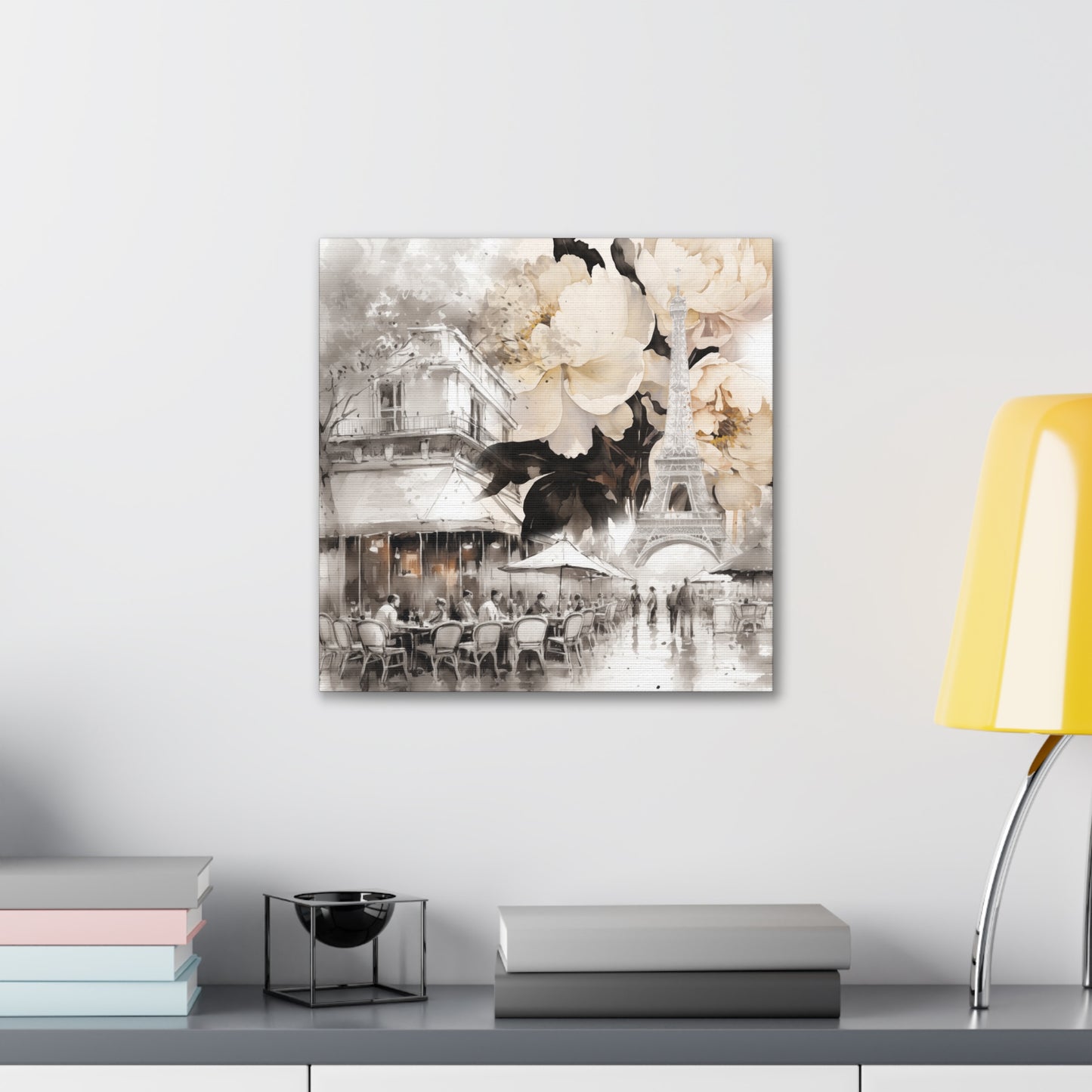 Cafe in Paris with Cream Peonies Canvas Gallery Wrap