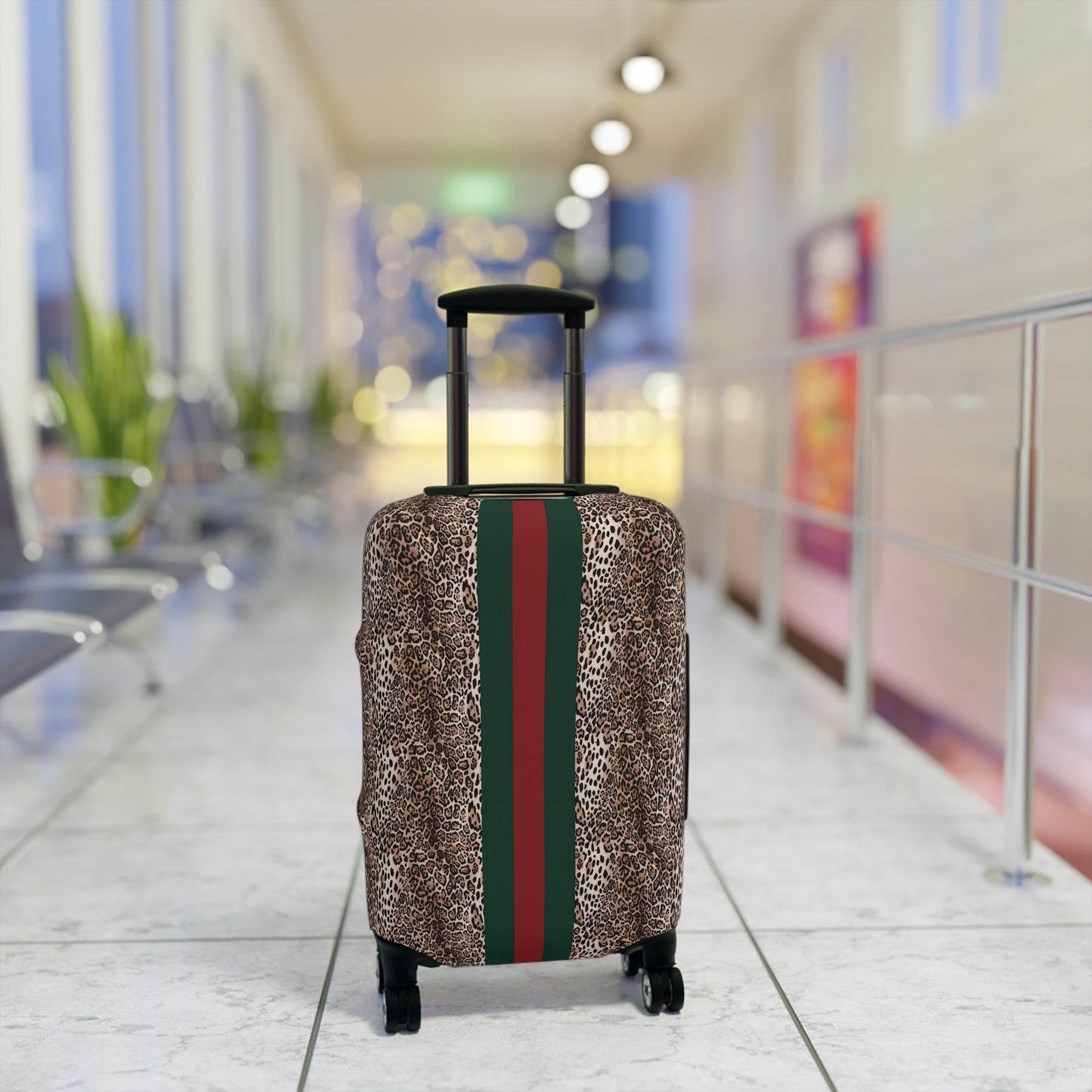 Designer Inspired Luggage Cover - Leopard - Red Green Stripe