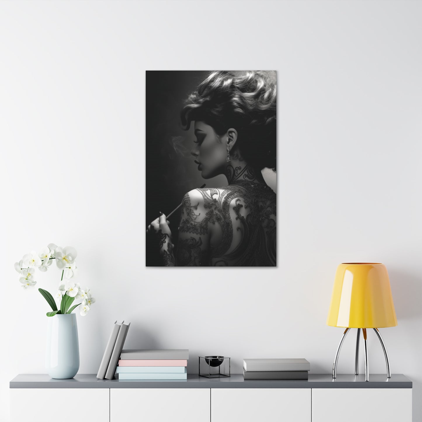 Canvas Gallery Wrap - Black and White Photography - Tattooed and Smoking