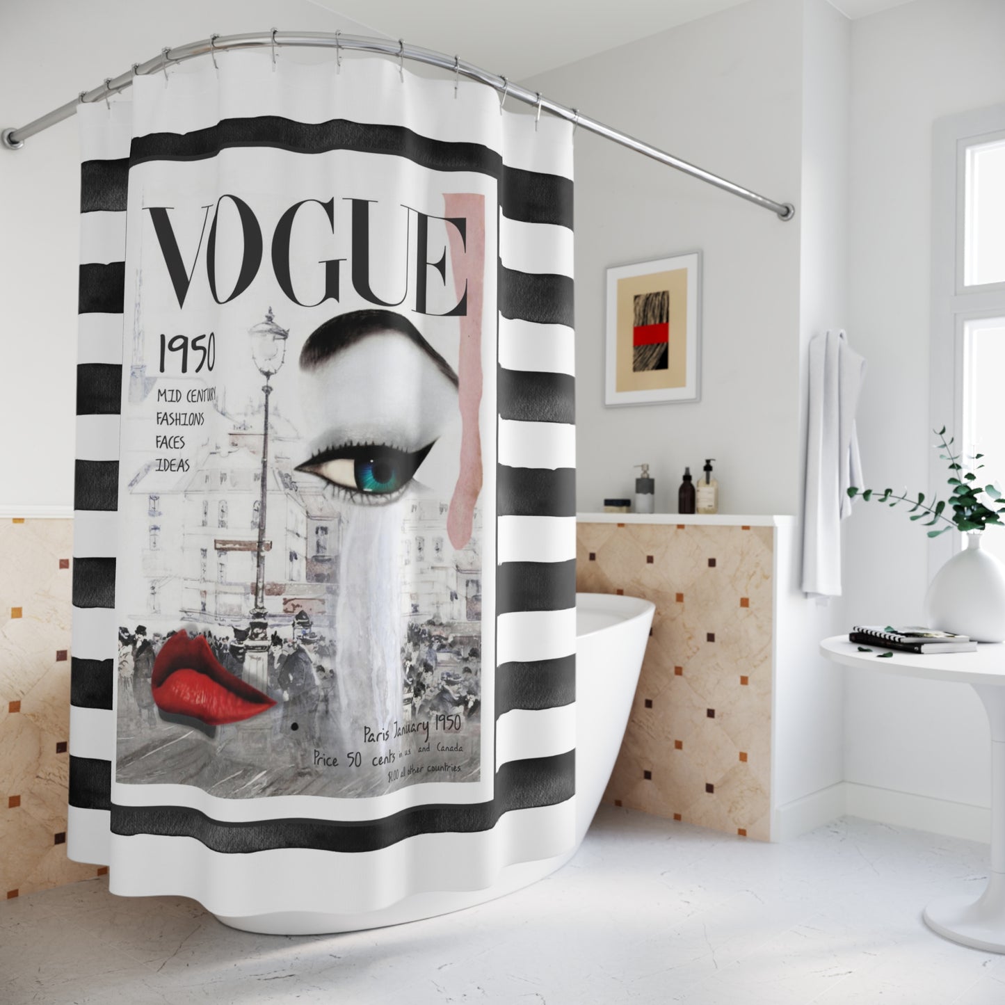 1950 Paris VOGUE Shower Curtain - Fashion Magazine Shower Curtain - Black & White Stripe Bathroom Curtain