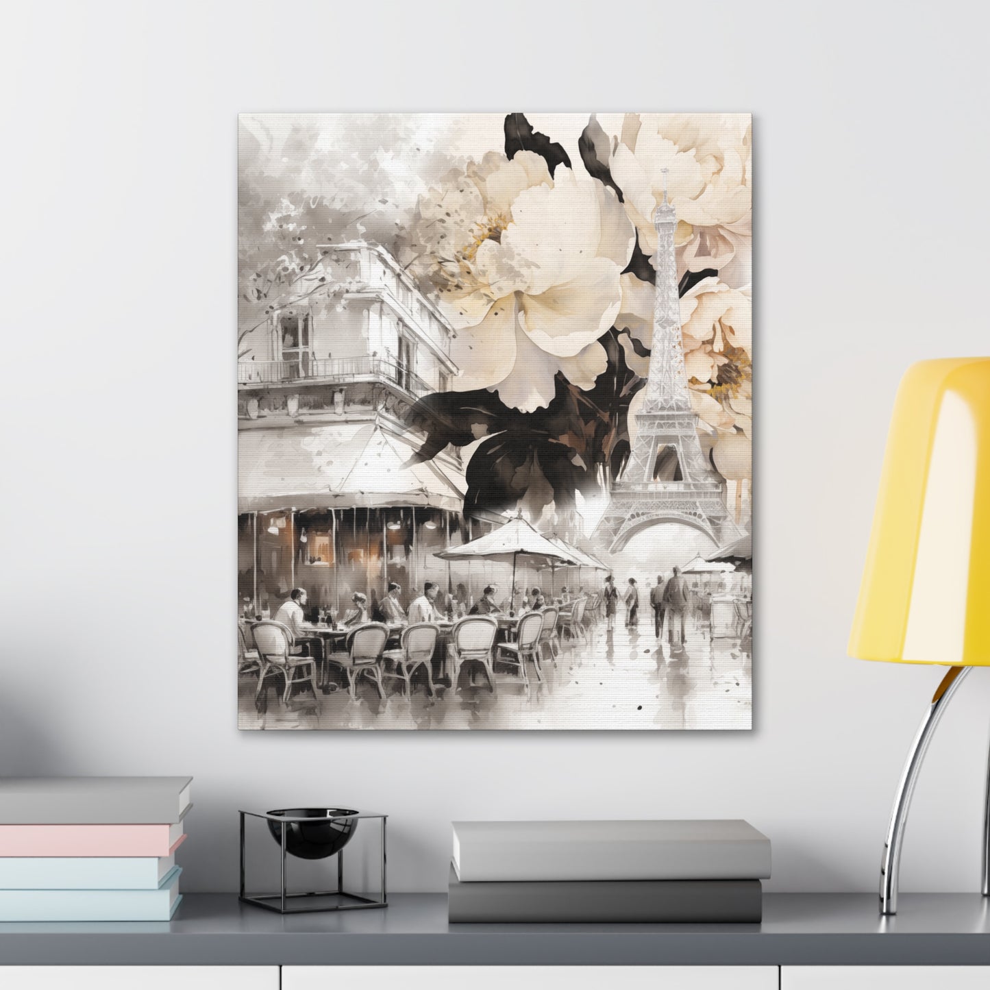 Cafe in Paris with Cream Peonies Canvas Gallery Wrap