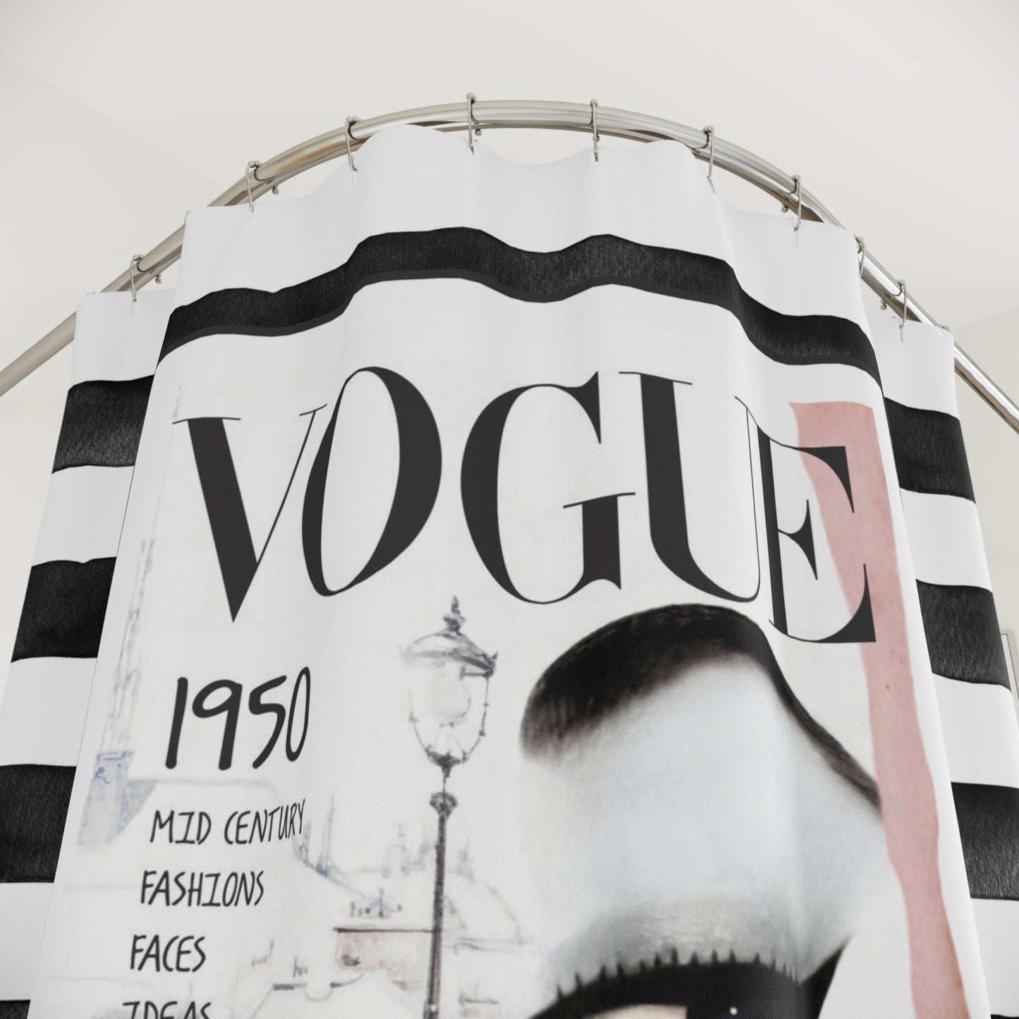 1950 Paris VOGUE Shower Curtain - Fashion Magazine Shower Curtain - Black & White Stripe Bathroom Curtain