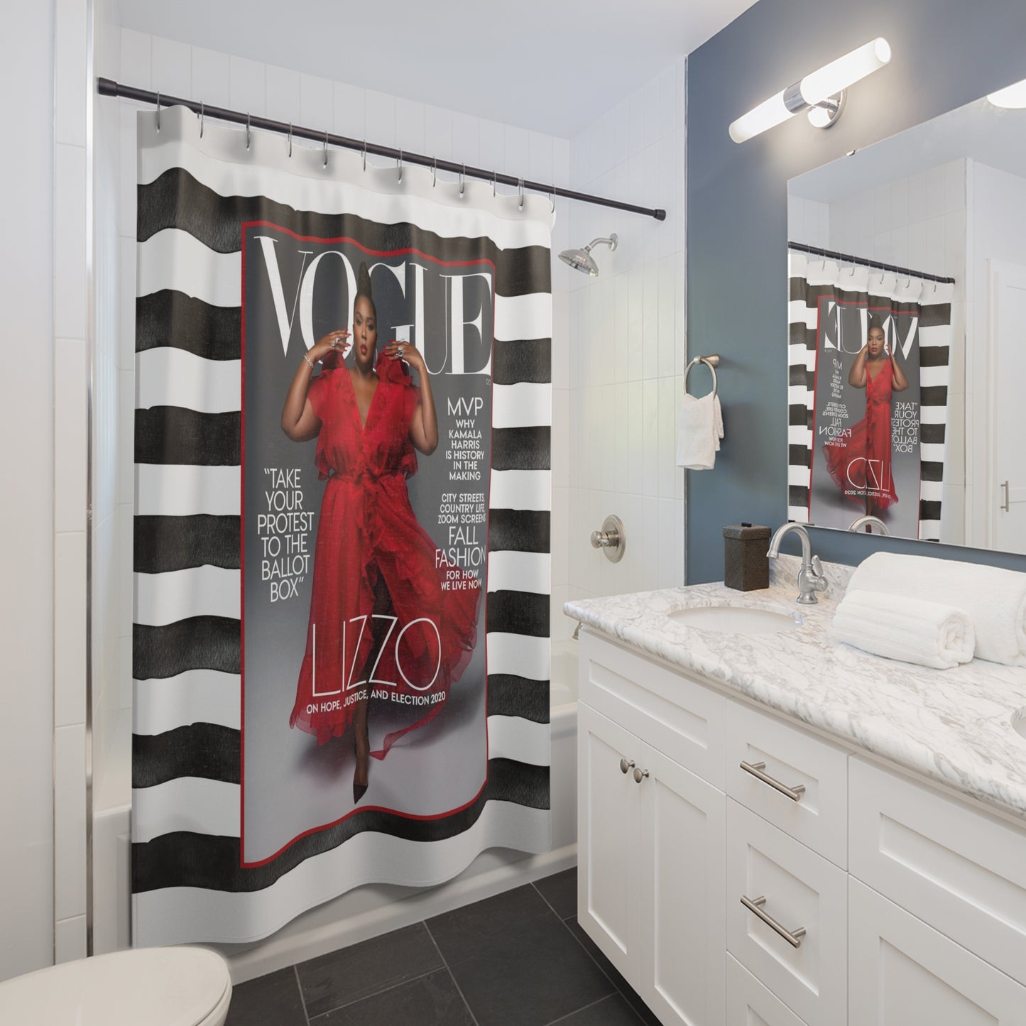 LIZZO Fashion Icon VOGUE Shower Curtain - Fashion Magazine Shower Curtain - Black & White Stripe Bathroom Curtain