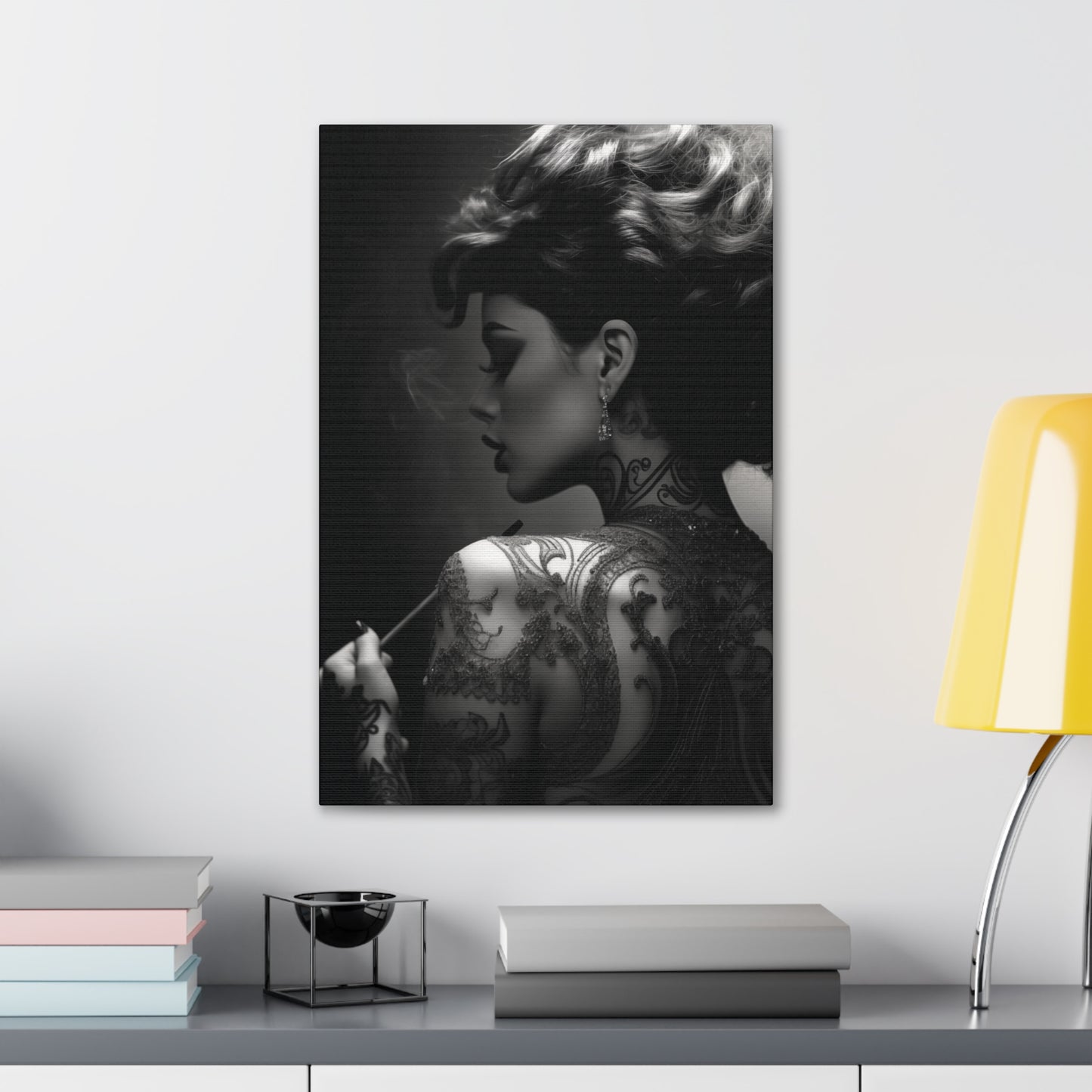 Canvas Gallery Wrap - Black and White Photography - Tattooed and Smoking