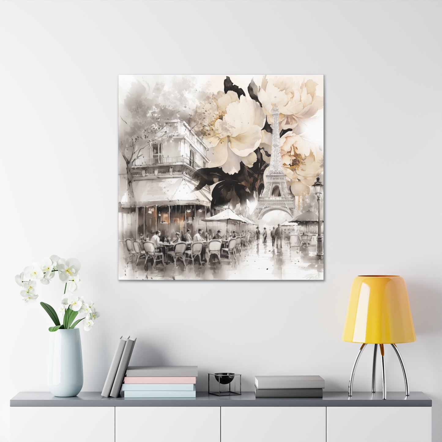 Cafe in Paris with Cream Peonies Canvas Gallery Wrap
