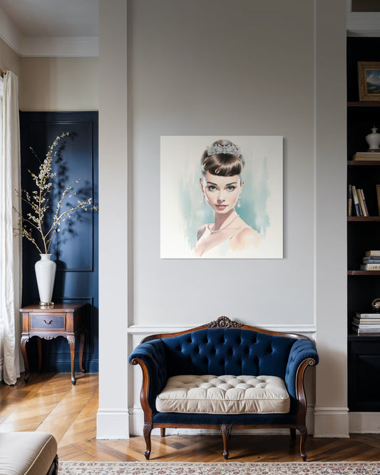 Canvas Wall Art, Gallery Wrapped Pop Art, Celebrity Wall Art – Audrey Hepburn - Robin Egg Blue