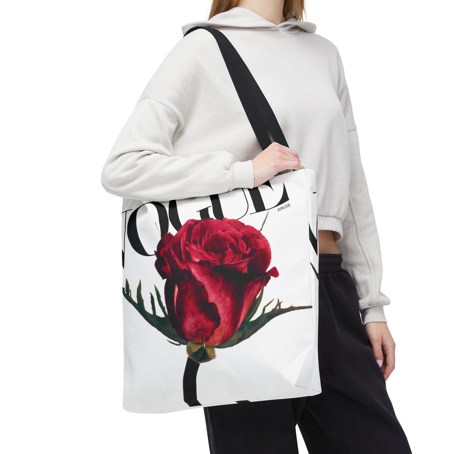 VOGUE Red Rose Square Utility Tote - Fashion Canvas Tote Bag - Designer Inspired Tote