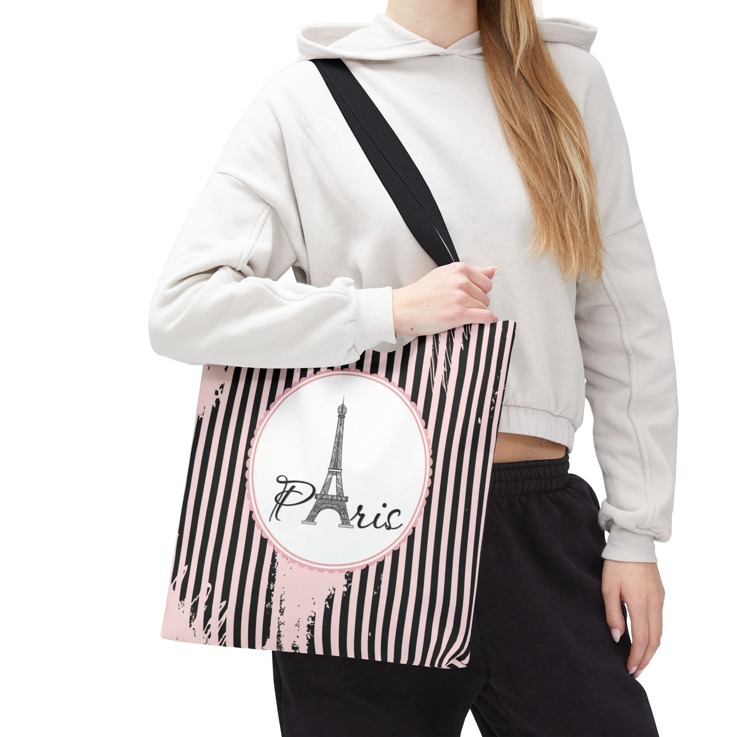 Paris Tote Bag, Utility Tote - Eiffel Tower Tote - Fashion Tote - Pink and Black Stripe