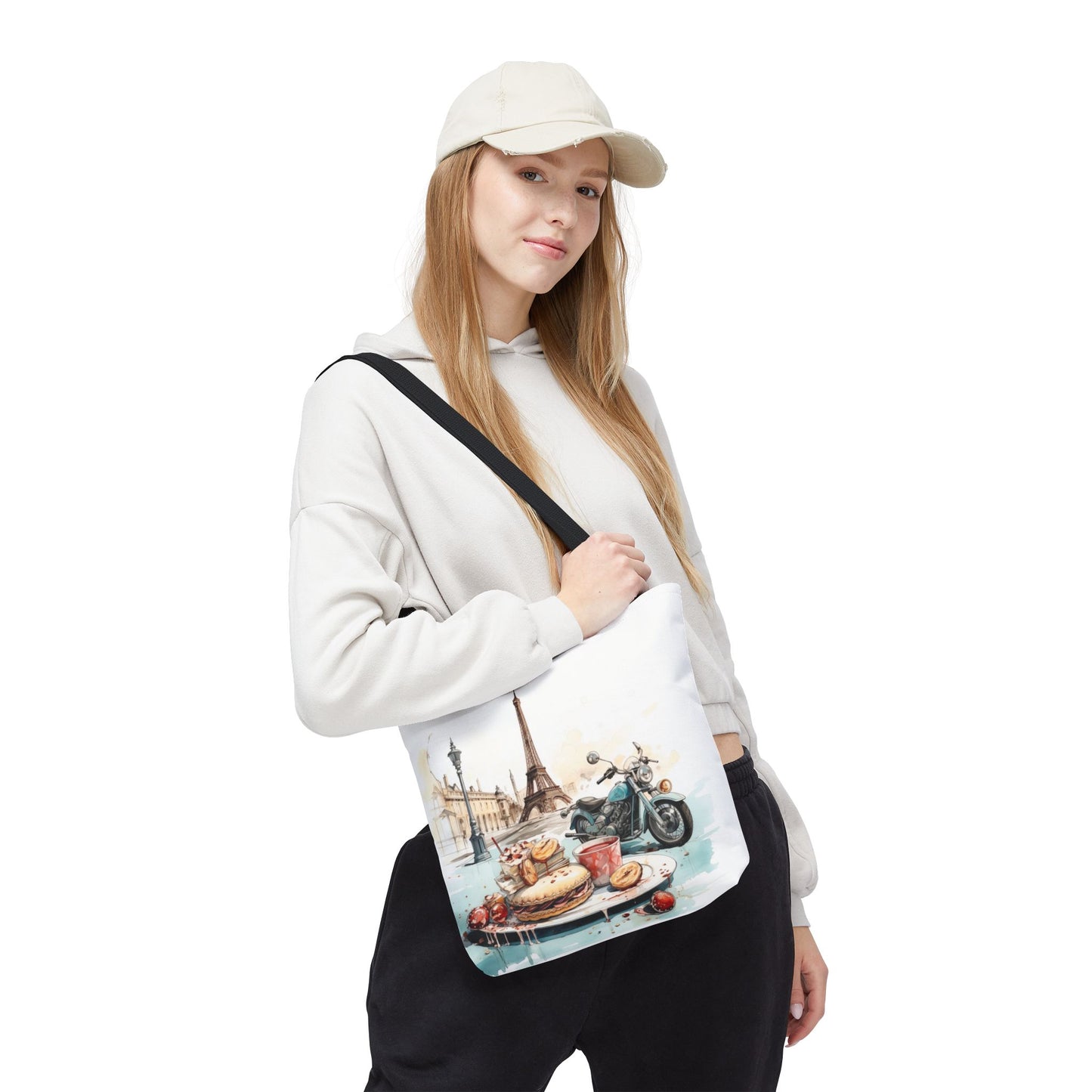 Canvas Tote Bag, Basic Square Tote - Vintage Motorcycle and Pastries in Paris