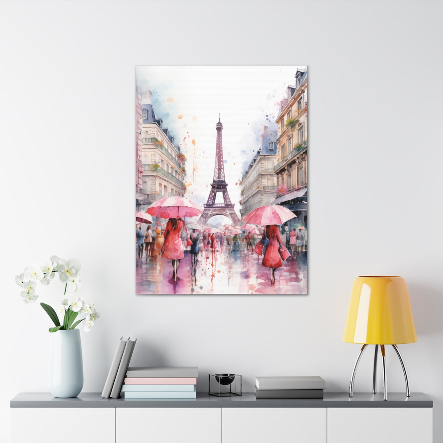 Eiffel Tower Wall Art, Paris France, Canvas Gallery Wrap - Pink Umbrellas