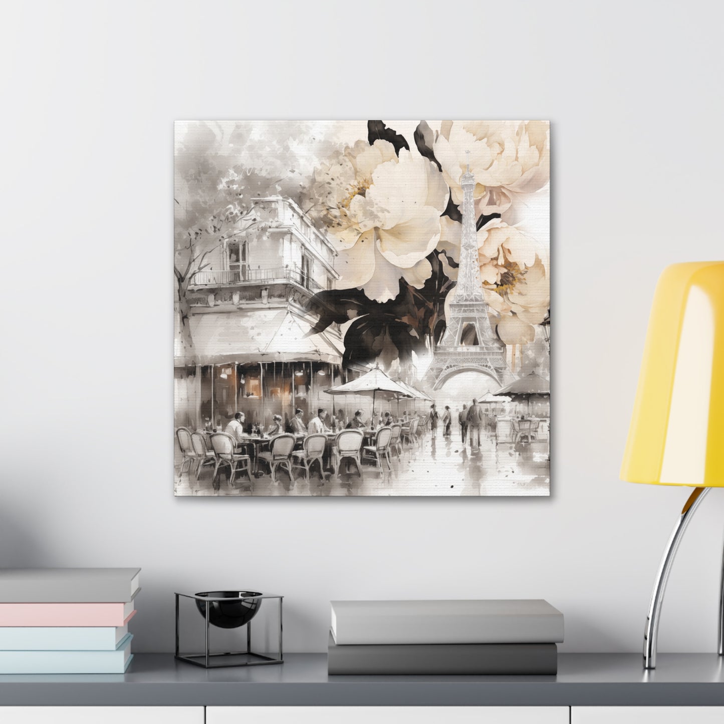 Cafe in Paris with Cream Peonies Canvas Gallery Wrap