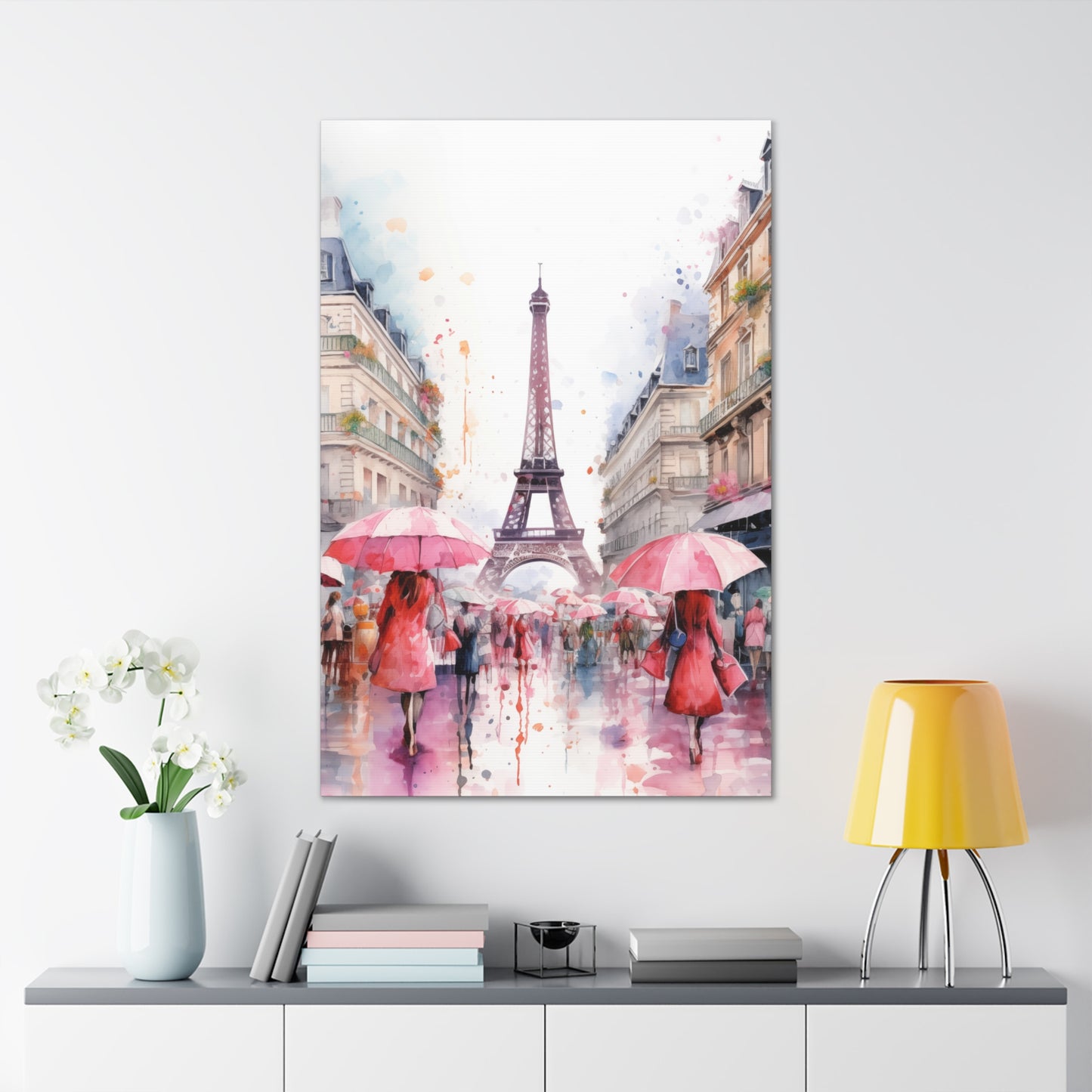 Eiffel Tower Wall Art, Paris France, Canvas Gallery Wrap - Pink Umbrellas