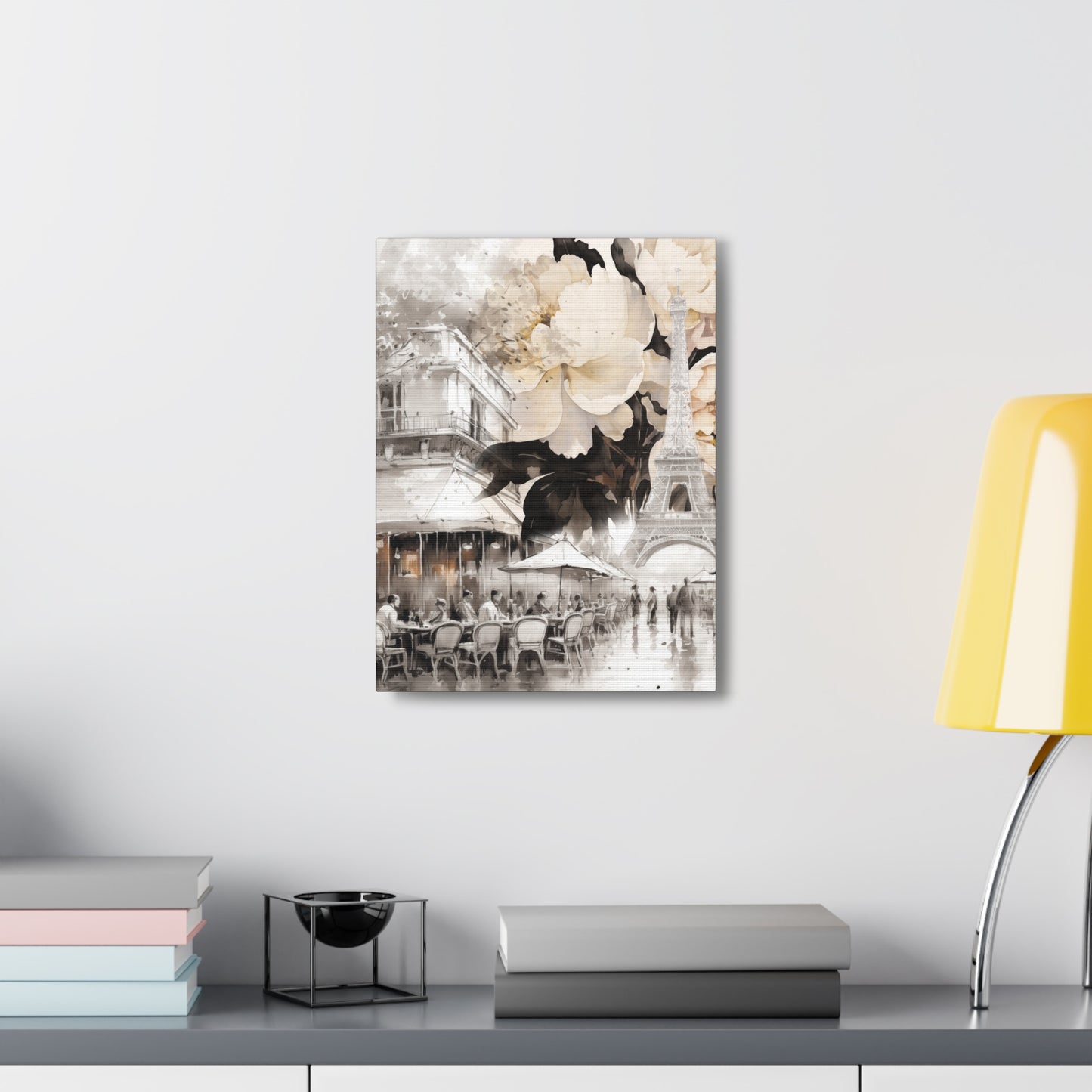 Cafe in Paris with Cream Peonies Canvas Gallery Wrap
