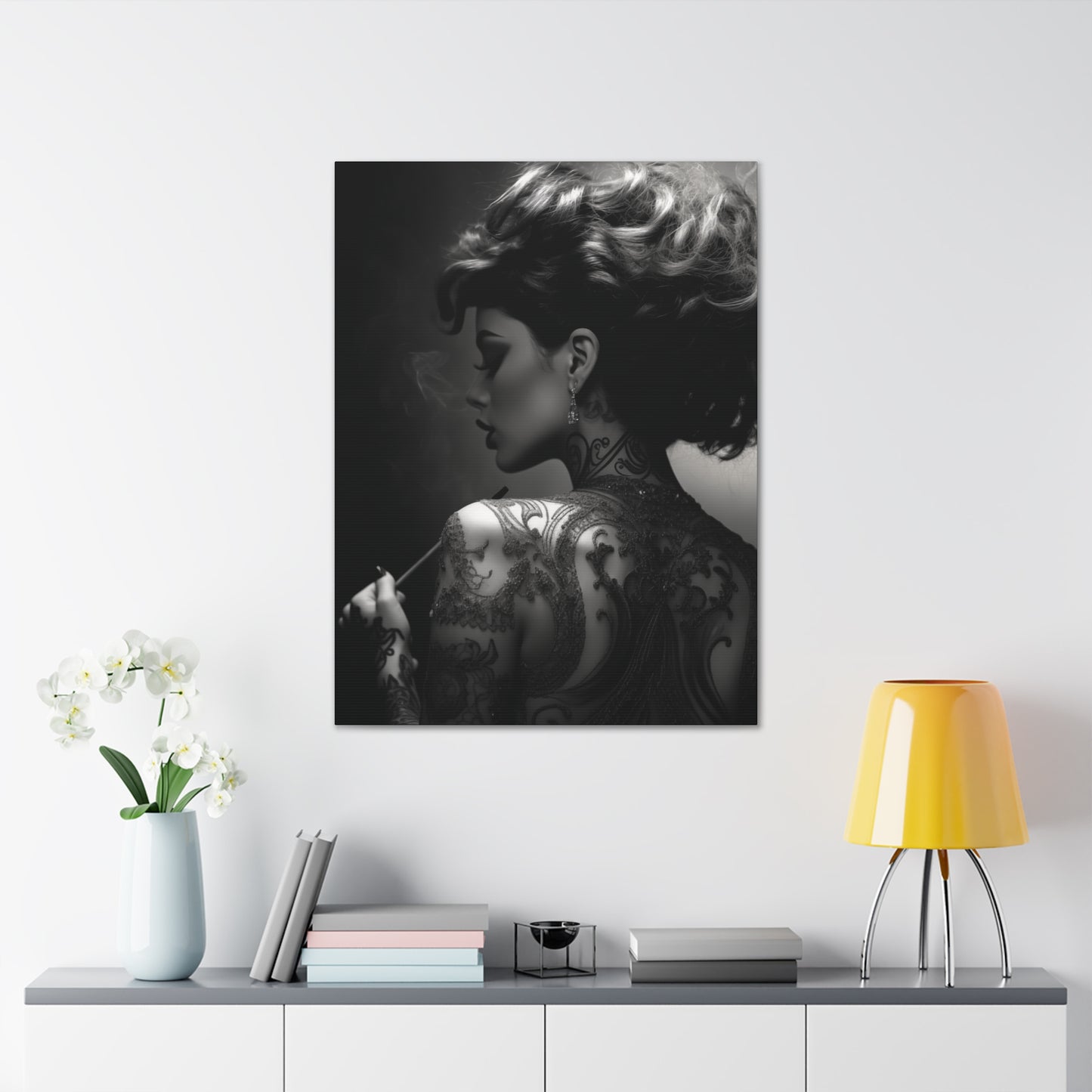 Canvas Gallery Wrap - Black and White Photography - Tattooed and Smoking