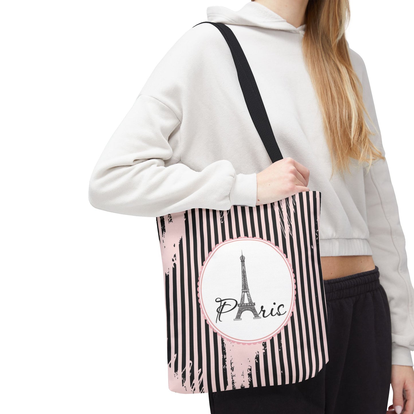 Paris Tote Bag, Utility Tote - Eiffel Tower Tote - Fashion Tote - Pink and Black Stripe