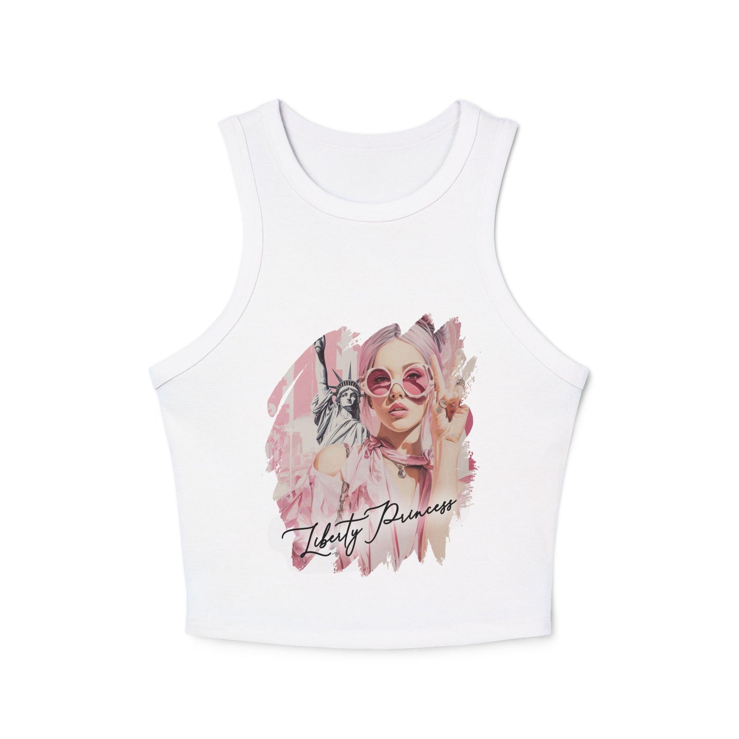 Liberty Princess Crop Top - Ribbed Racer Back Tank Top - Statue of Liberty - Pink Fashion Top