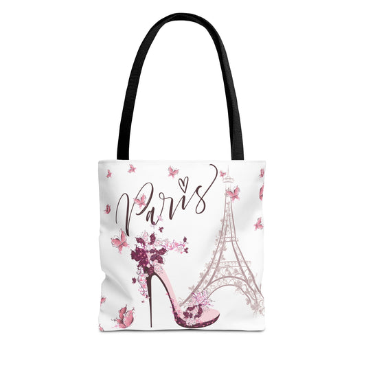Eiffel Tower in Paris Tote Bag, Utility Tote - Paris France Inspired Tote - Pink Butterflies