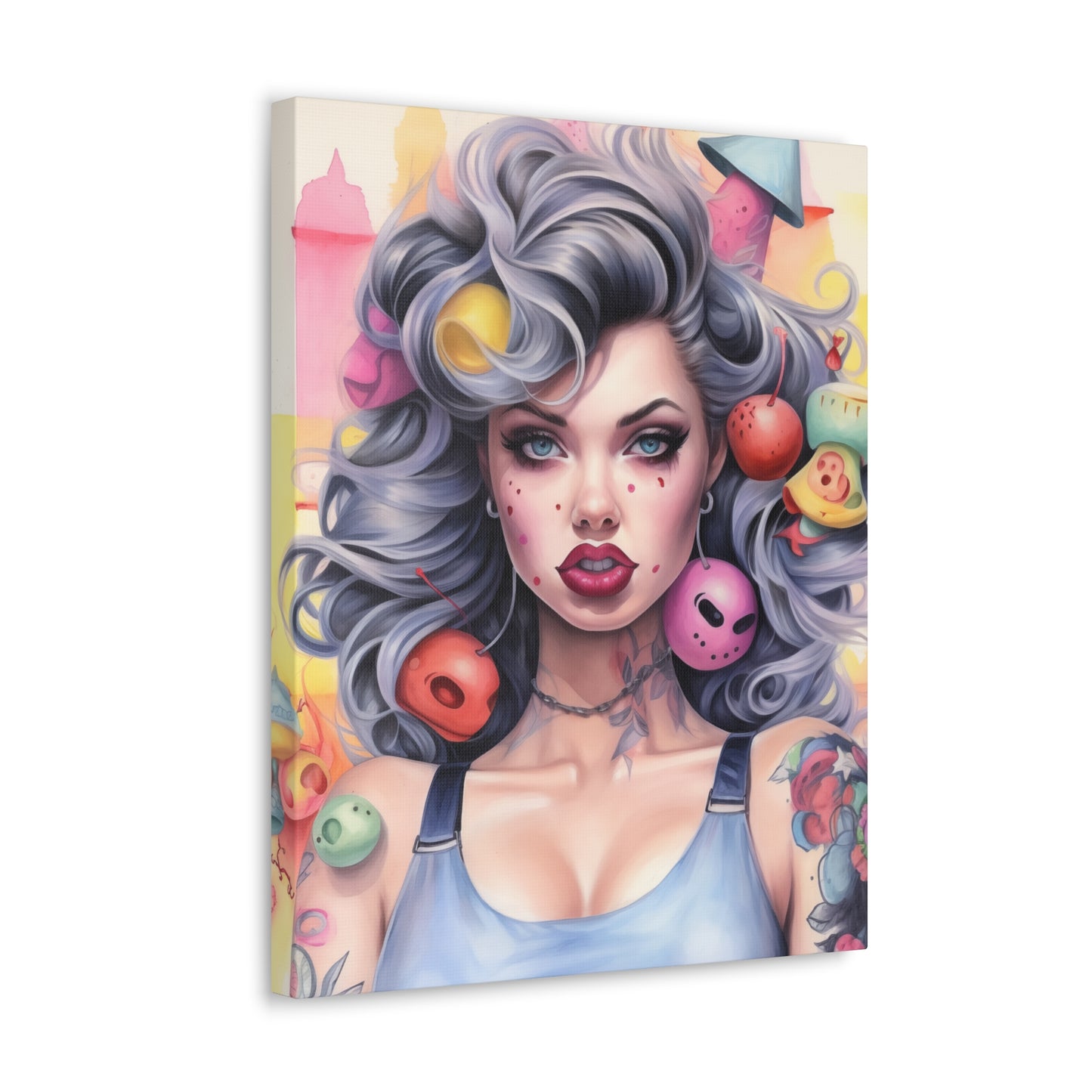 Gallery Wrapped Canvas, Tattooed Beauty, Femme Doll Pop Art Canvas – Lila