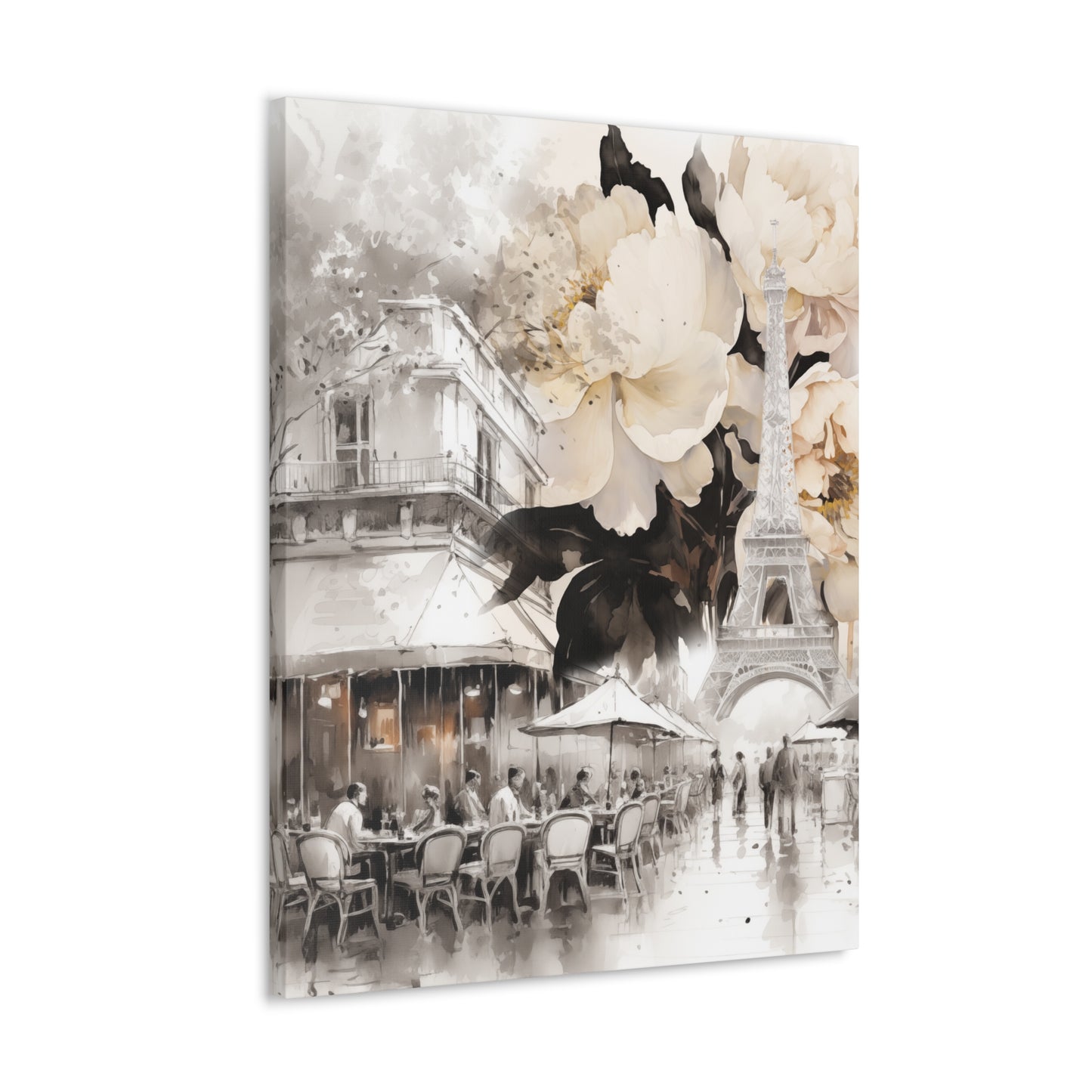 Cafe in Paris with Cream Peonies Canvas Gallery Wrap