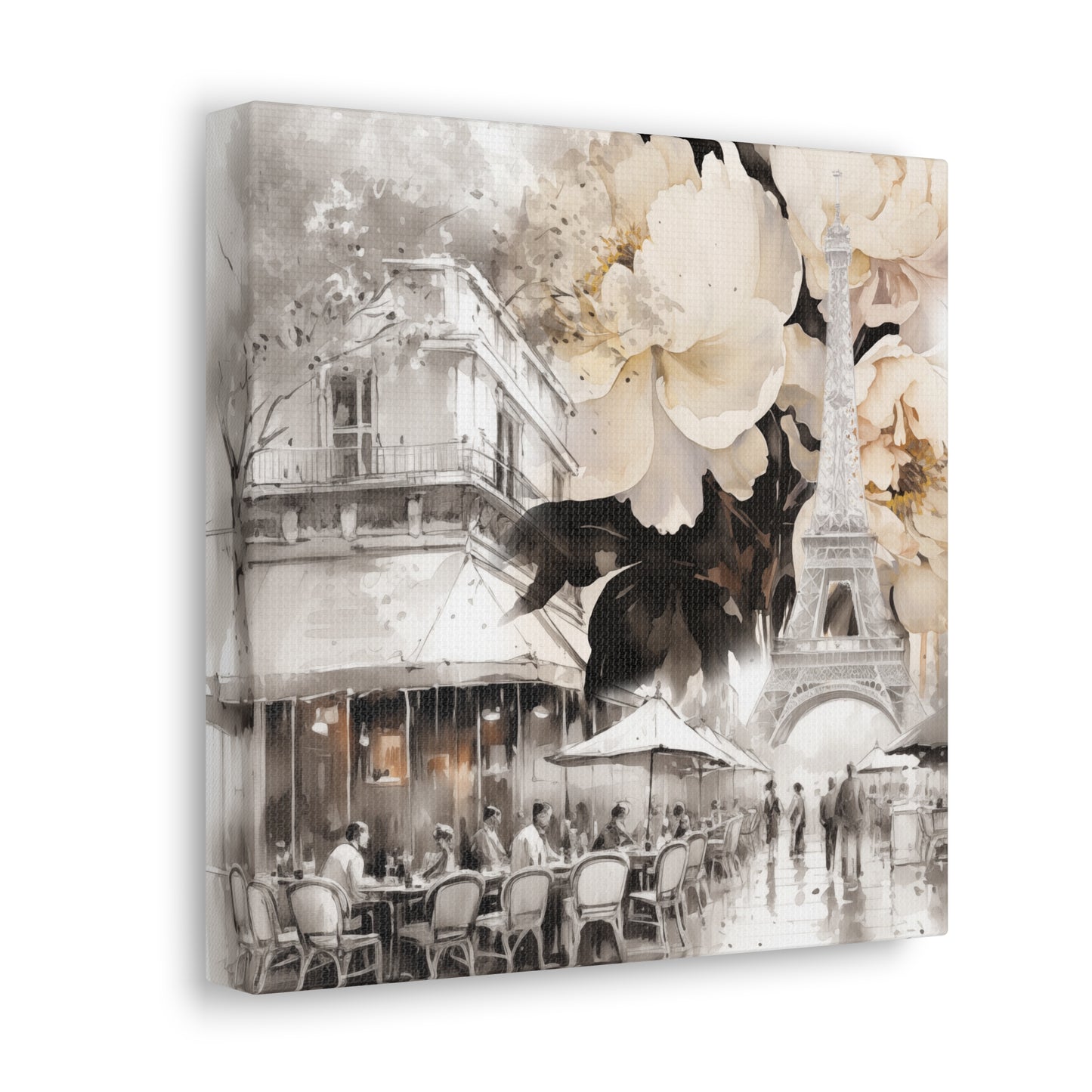 Cafe in Paris with Cream Peonies Canvas Gallery Wrap