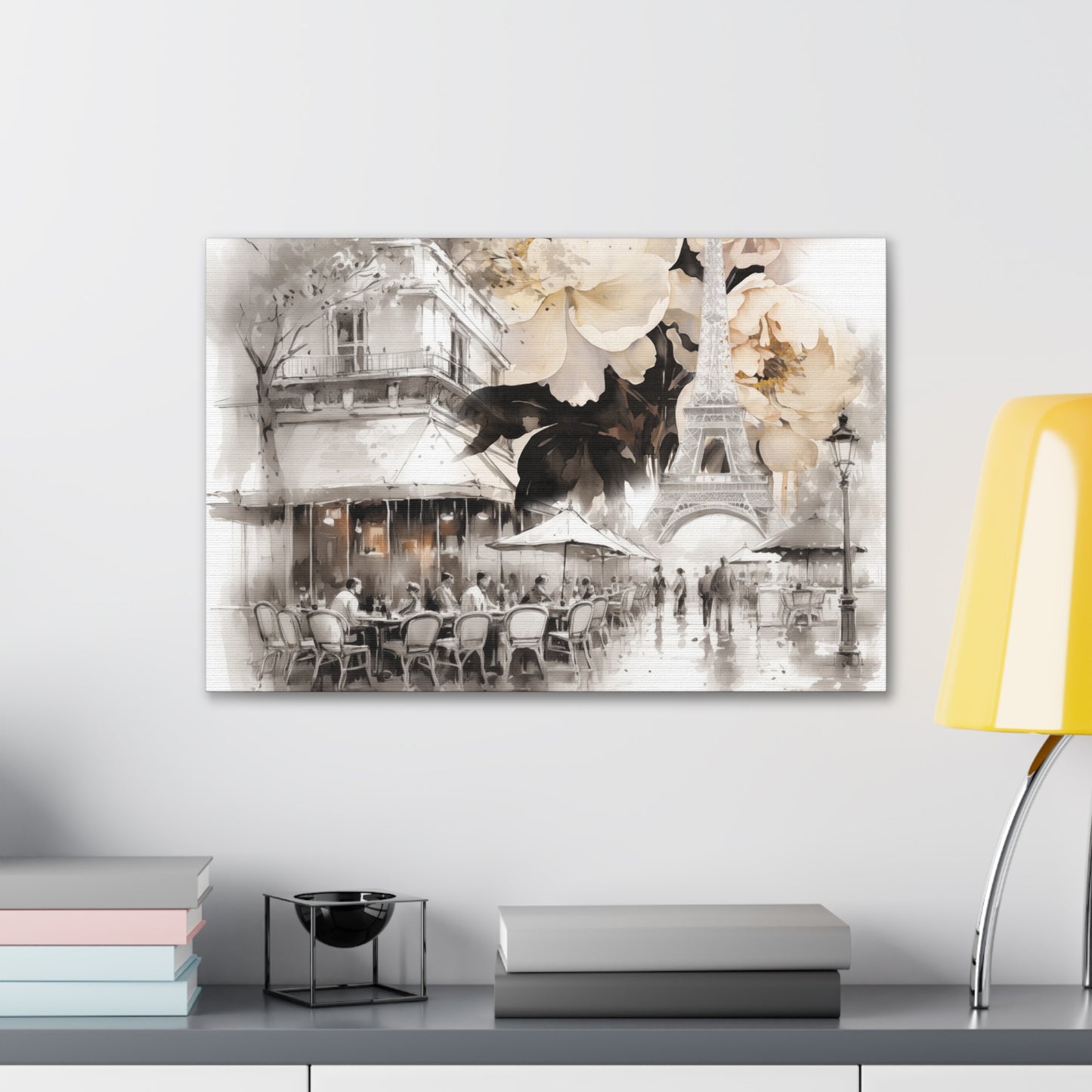 Cafe in Paris with Cream Peonies Canvas Gallery Wrap