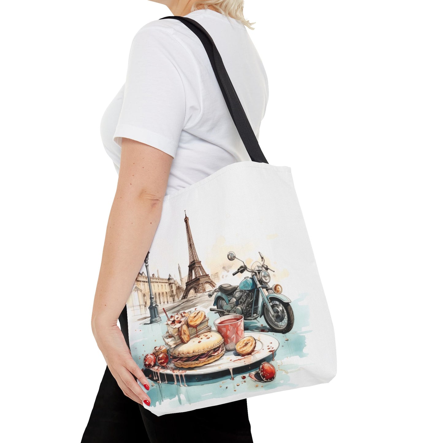 Canvas Tote Bag, Basic Square Tote - Vintage Motorcycle and Pastries in Paris