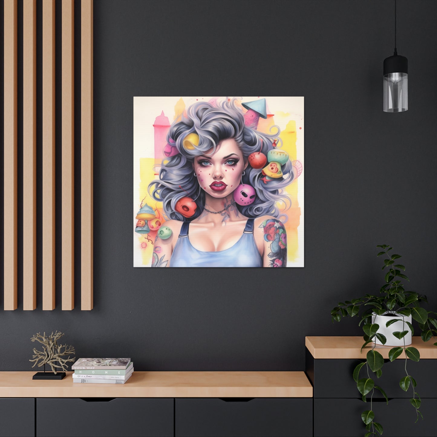 Gallery Wrapped Canvas, Tattooed Beauty, Femme Doll Pop Art Canvas – Lila