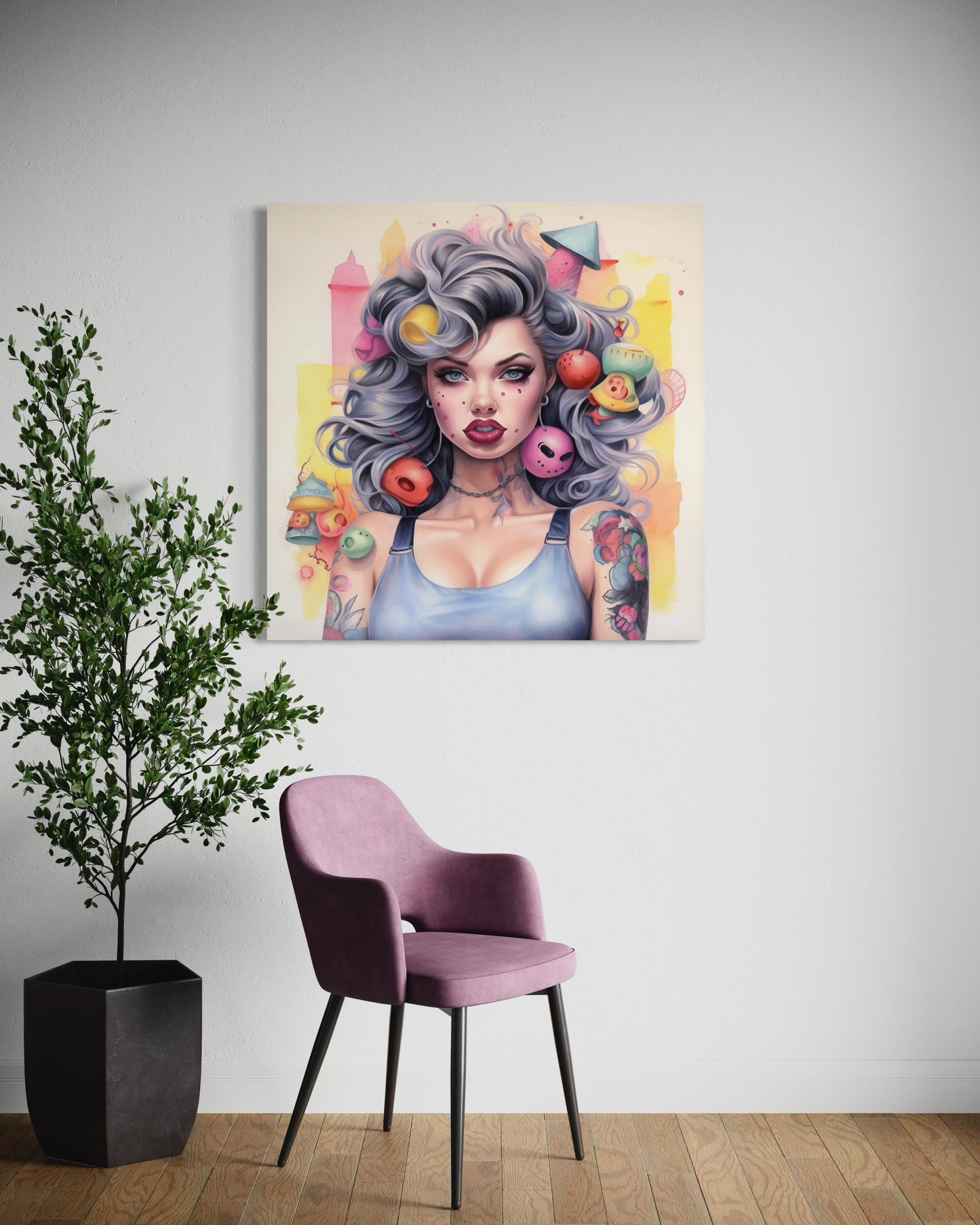 Gallery Wrapped Canvas, Tattooed Beauty, Femme Doll Pop Art Canvas – Lila