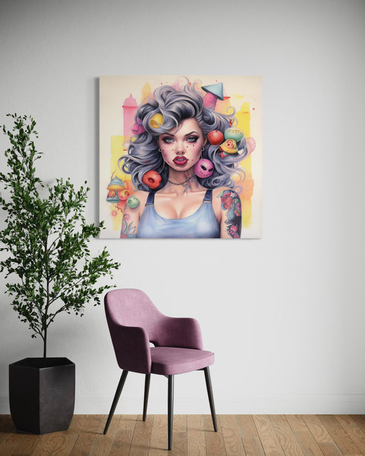 Gallery Wrapped Canvas, Tattooed Beauty, Femme Doll Pop Art Canvas – Lila