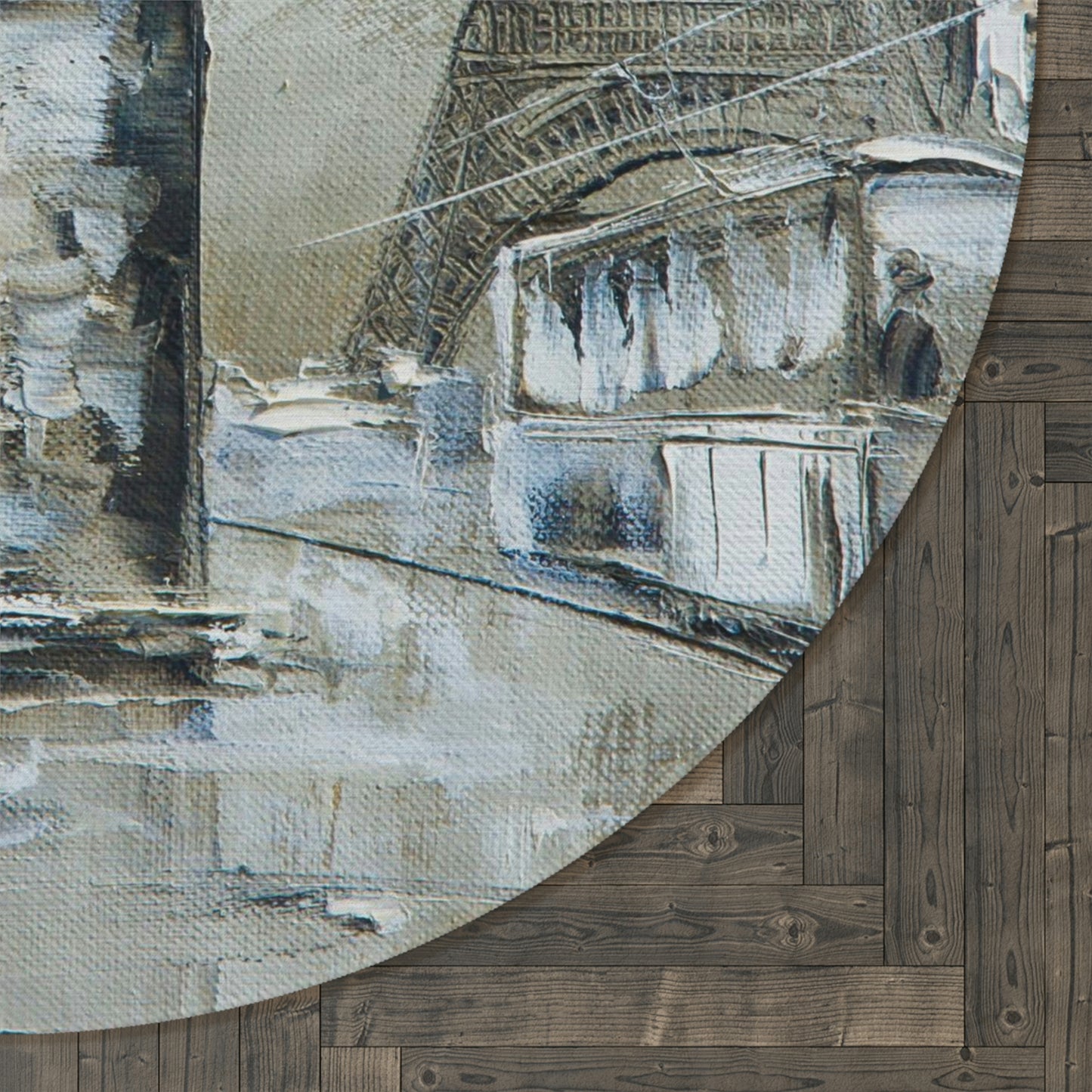 Cafe in Paris Round Chenille Round Rug - 60 Inch Eiffel Tower Floor Mat - French Oil Painting Print