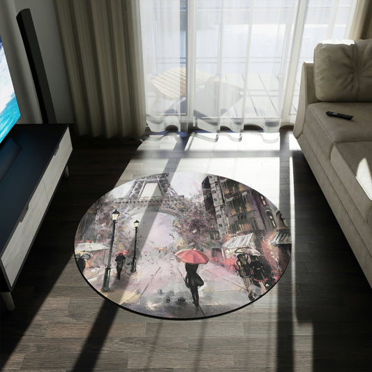 Eiffel Tower in Paris Round Chenille Round Rug - 60 Inch Floor Mat - Custom and Personalized Rug - Abstract Peach Umbrella