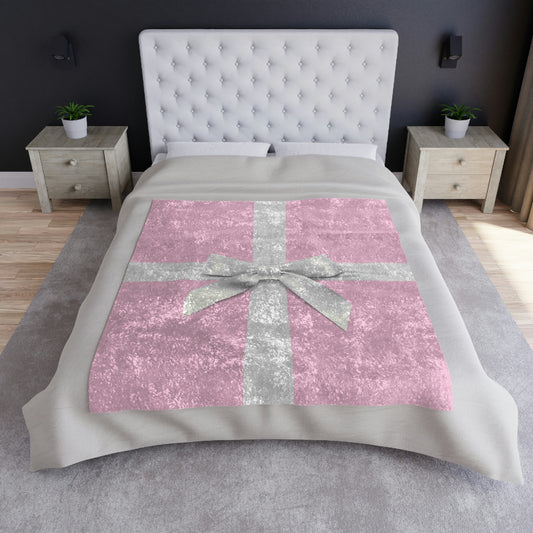 Personalized Little Pink Box Blanket, Crushed Velvet Blanket, Pink with White Bow
