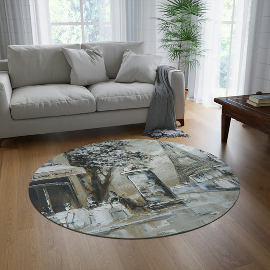 Cafe in Paris Round Chenille Round Rug - 60 Inch Eiffel Tower Floor Mat - French Oil Painting Print