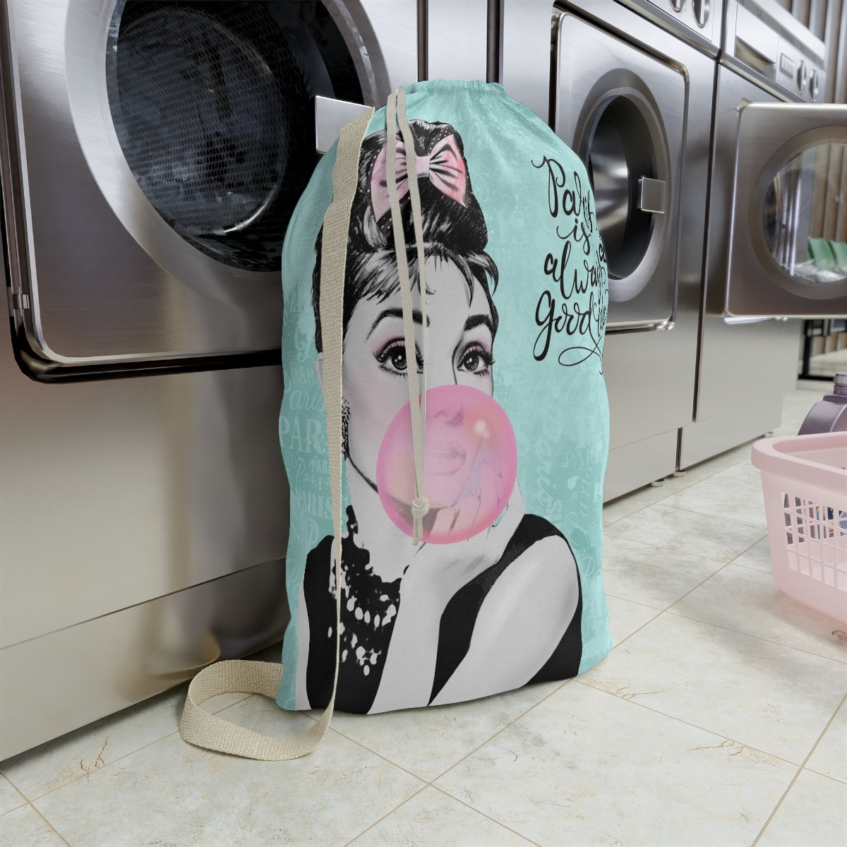 Audrey Hepburn Pink Bubblegum Sack, Laundry Sack, Santa Sack, Dust Bag, Gift Sack - Paris Blue